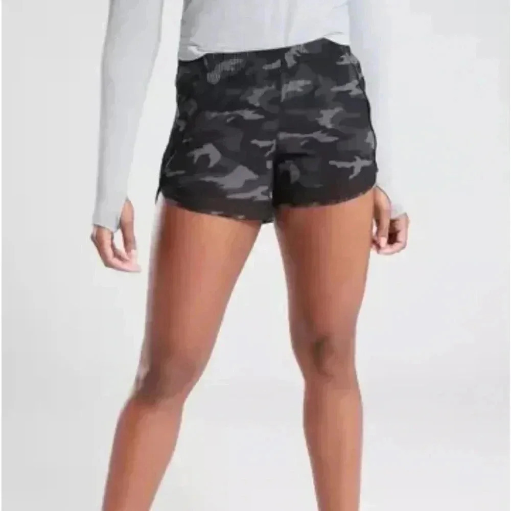 Athleta Women's Medium Mesh Racer Run Short 4" Black Grey Camouflage Camo M Med